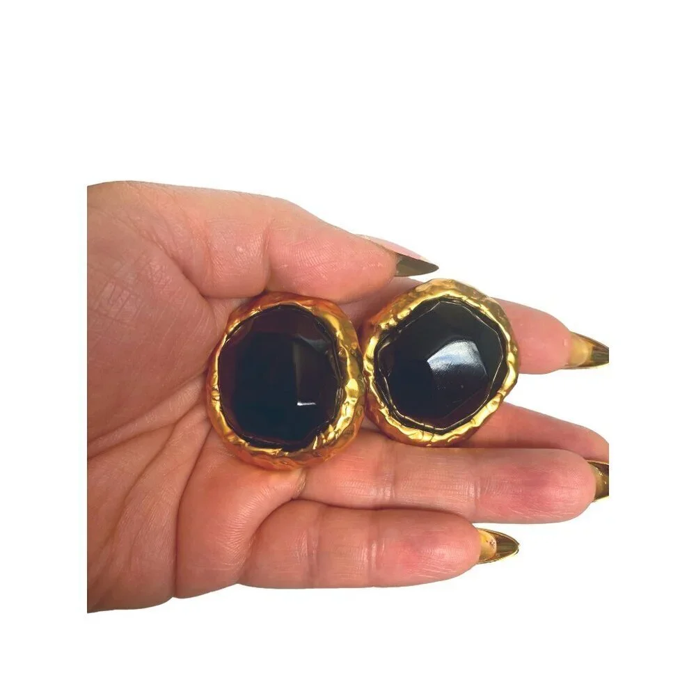 Anne Klein Couture rare 1980s vintage rustic cabochon & frame dark blue earrings